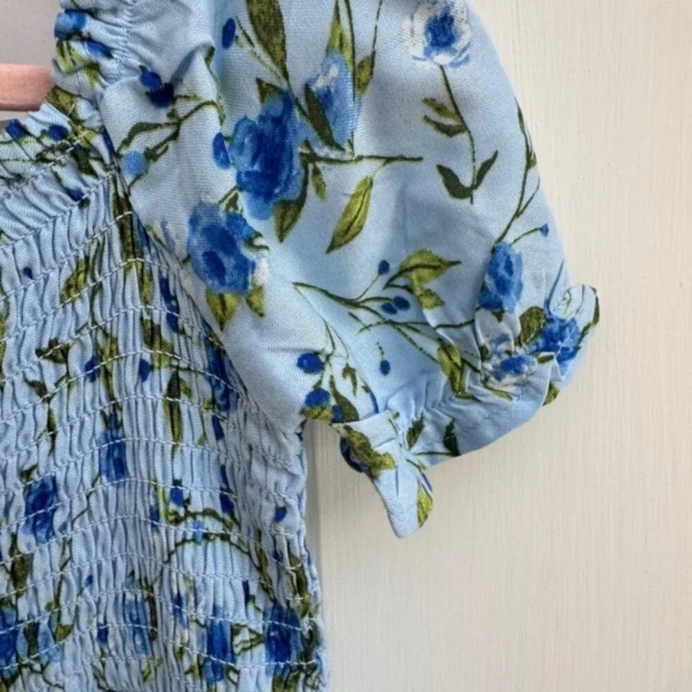 HP NWT The Children's Place 3T Girl Blue Floral Smocked Puff Short Sleeve Dres - Picture 2 of 6